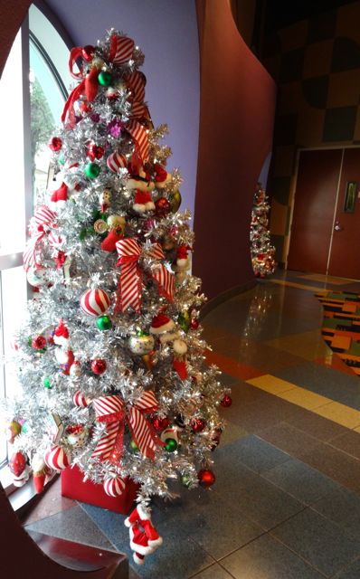 Pop Century Resort - our favorite! the sliver Christmas trees in the food court!
