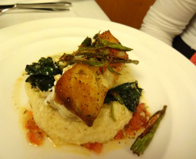 Florida Black Grouper ... Creamy Corn Tasso Grits, Tuscan Kale, Fried Okra, Expellette Vinaigrette