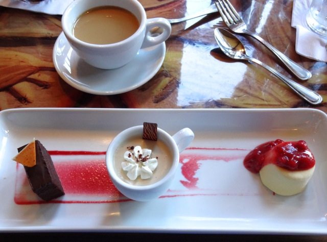 Dessert Service: Chocolate Cake, Chai seasoned Pot de Creme, Tropical Fruit Kofi topped with Macerated Strawberries