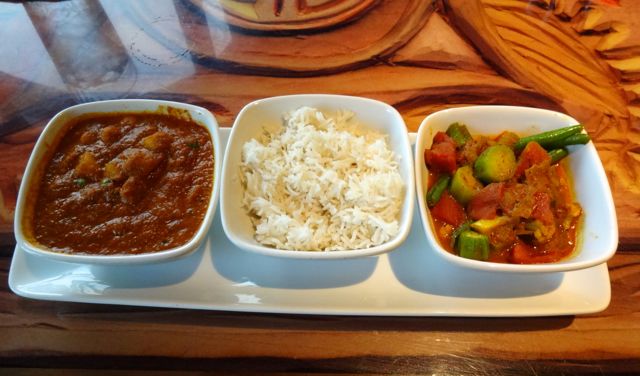 Sanaa Vegetarian Sampler - Spicy Peas, chickpeas, and potatoes; Basmati rice, Vindaloo-style vegetables