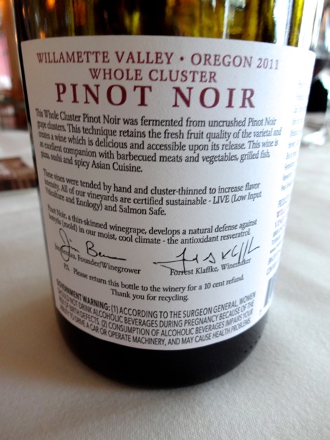 Back label of Whole Cluster Pinot Noir