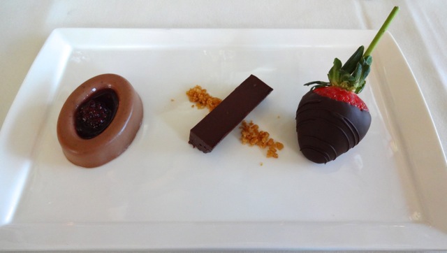 Dessert "Hugs and Kisses" O-X-O ... Panna cotta, chocolate cake, and chocolate dipped strawberry