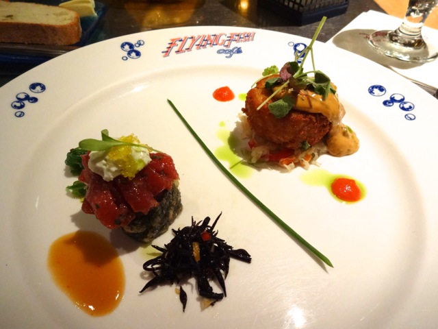 Appetizer Sampler: Yellowfin Tuna Tartare & Crispy Tempura Tuna-Vegetable Sushi Roll and Our Signature Flying Fish Cafe "Crispy Maine Coast Jonah Crab Cake"