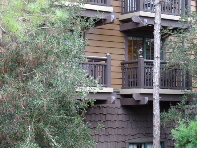 Close-up of Wilderness Lodge Villas exterior, clear view of the shingle siding and the lapboard siding.