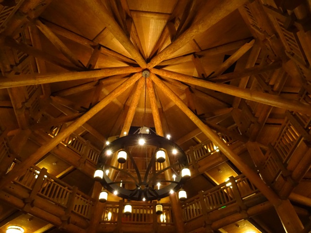 The lobby space (or atrium) at Wilderness Lodge Villas - again, we see lodge pole pine construction. This space is octagonal and emblematic of a railroad roundhouse.