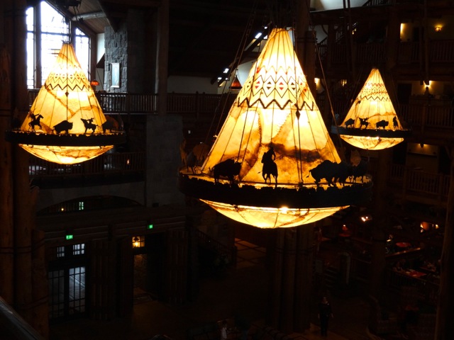 The four large light fixtures in the Wilderness Lodge lobby are based on the Phaska Hotel's light fixtures and are much larger, they're made of wrought iron and cowhide (the same light fixtures are seen in the Whispering Canyon Cafe).