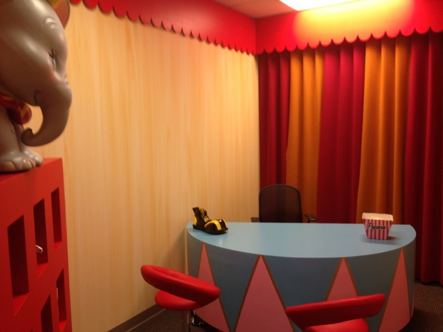 Our other tour guide, Vicky, has the 5th office... it's themed to the movie "Dumbo"... full on circus!