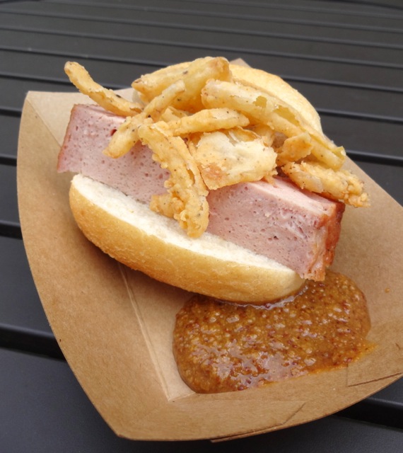 German Meatloaf Sandwich with Sweet Mustard and Fried Shallots