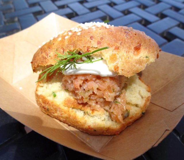 Potato, Chive, and Cheddar Cheese Biscuit with Smoked Salmon Tartare and Sour Cream