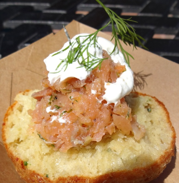 Smoked Salmon Tartare topped with Sour Cream and a tiny sprig of dill