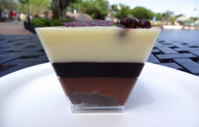 White Chocolate Mousse, Fudge, Dark Chocolate Mousse, and a bit of chocolate cake