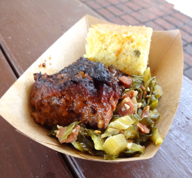 Smoked beef brisket with collard greens and jalapeño corn bread