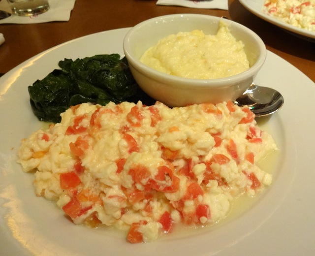 Breakfast at The Wave: Spinach, Tomato, and Feta Cheese Scrambled Egg Whites with plain Grits and a whole grain english muffin (not pictured)