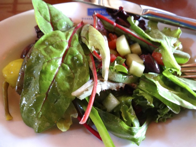 "Family Style" House Salad - leaf lettuces, roasted red peppers, marinated mushrooms, olives, peperonicini, red wine vinaigrette