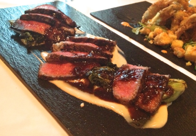 bluezoo: Waygu Beef with Huckleberry Chutney, Cauliflower Puree, and Roasted Baby Romaine