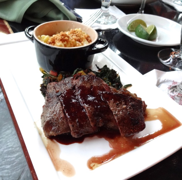Andy's Entree - Slow Roasted Buffalo Strip Stead with Truffle Macaroni & Cheese, Rainbow Chard, and Blackberry Pinot Noir Reduction