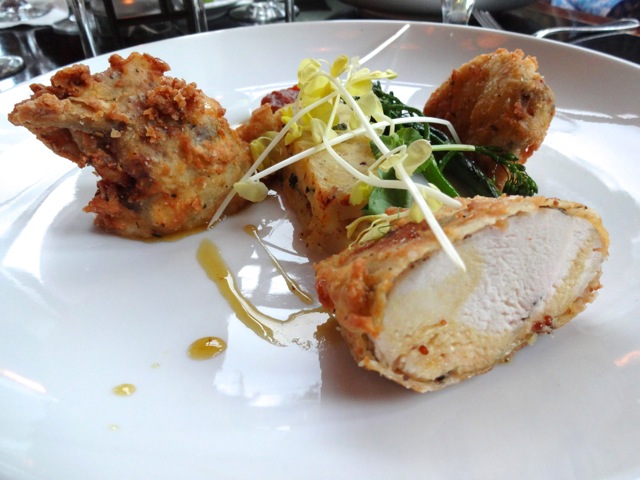 Nora's Entree (and Lisa's too) - Slow-Cooked Crispy Ranch Chicken - Loaded Mashed Potato, Carmelized Broccolini, Honey Mustard Emulsion, and Poblano Ketchup