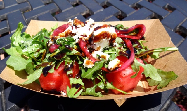 Watermelon Salad with pickled Red Onions, BW Baby Arugula, Feta Cheese and Balsamic Reduction