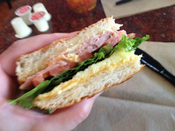 Ham Egg Cheddar plussed with lettuce, tomato, and dijon mustard