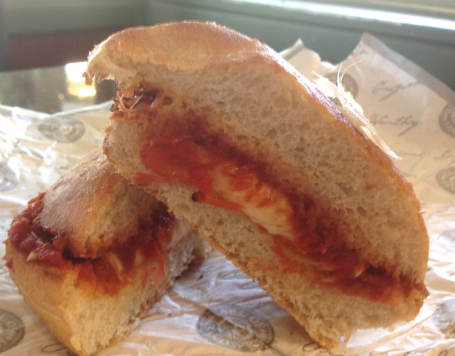 Interior view of Just4Kids Pizza Sandwich - see the lump of mozzarella?