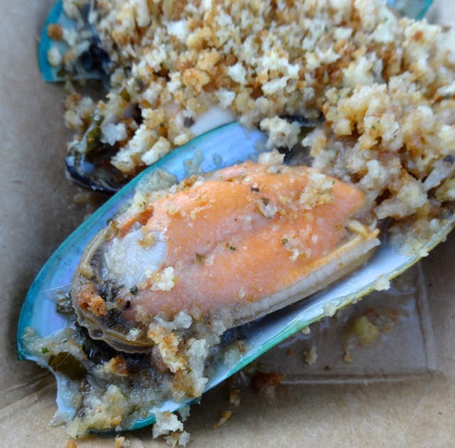 New Zealand - Green Lip Mussels, we scraped the bread crumbs off so that you could see the mussels