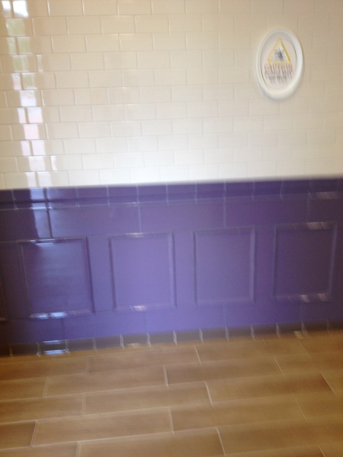 The entrance to the ladies room has different coloring... Purple and cream instead of dark blue and teal.