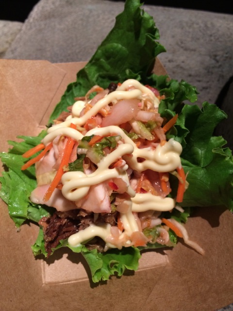 Lettuce Wrap with Roast Pork and Kimchi Slaw