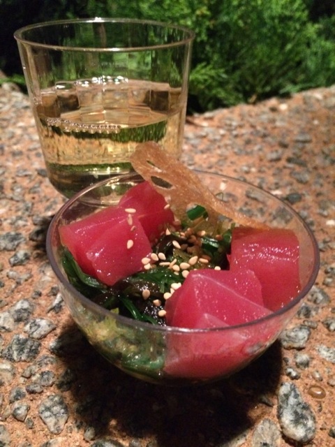 featured pairing - Tuna Poke with Seaweed Salad & Lotus Root Chip paired with Lucien Albrecht  Gerwurztraminer Reserve