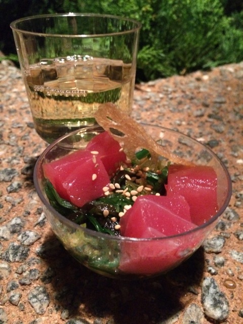 featured pairing - Tuna Poke with Seaweed Salad & Lotus Root Chip paired with Lucien Albrecht Gerwurztraminer Reserve
