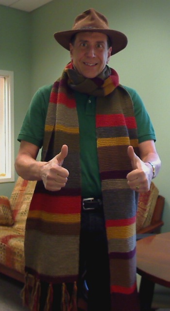 Asta models his Doctor Who scarf