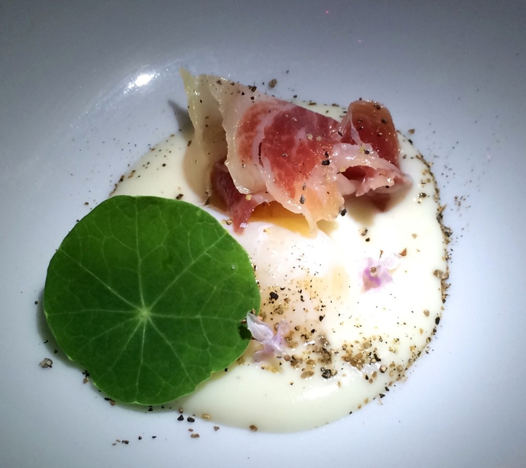 pureed cauliflower, poached quail egg, jambon and a nasturtium leaf